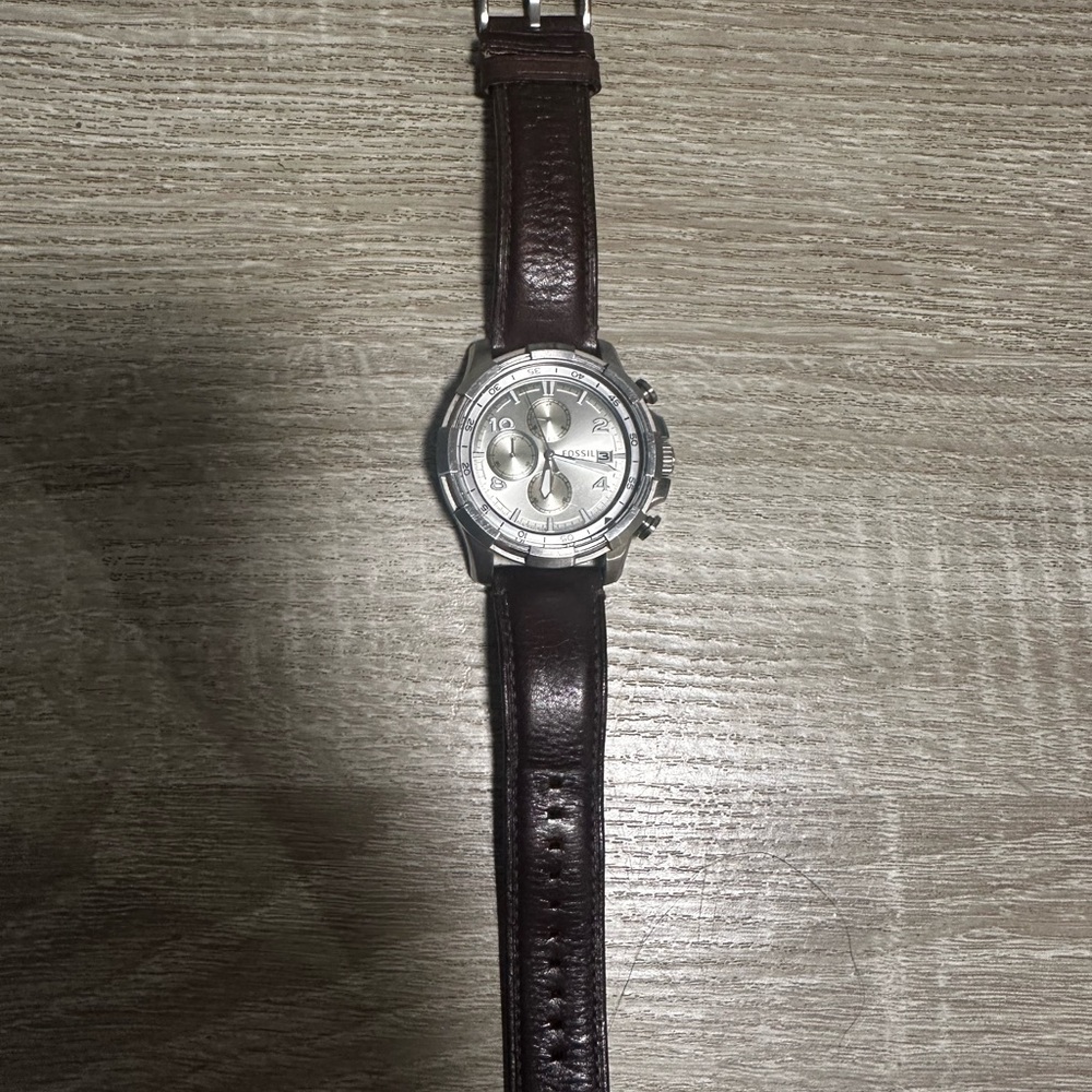 Gently Used Fossil Silver Dial Watch with Dark Brown Leather Strap
